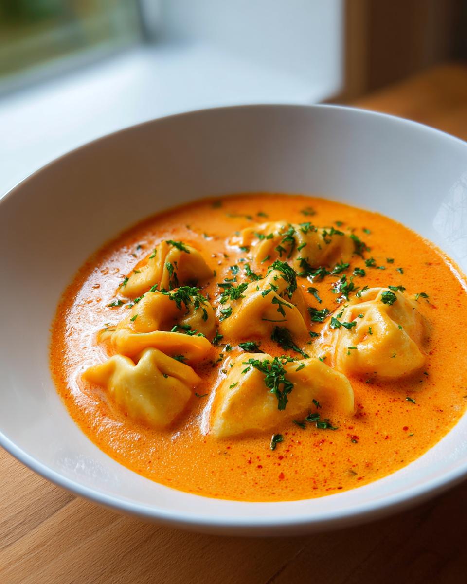 Close-up of tortellini pasta submerged in rich, orange Creamy Cajun Pumpkin Tortellini Soup, garnished with parsley.
