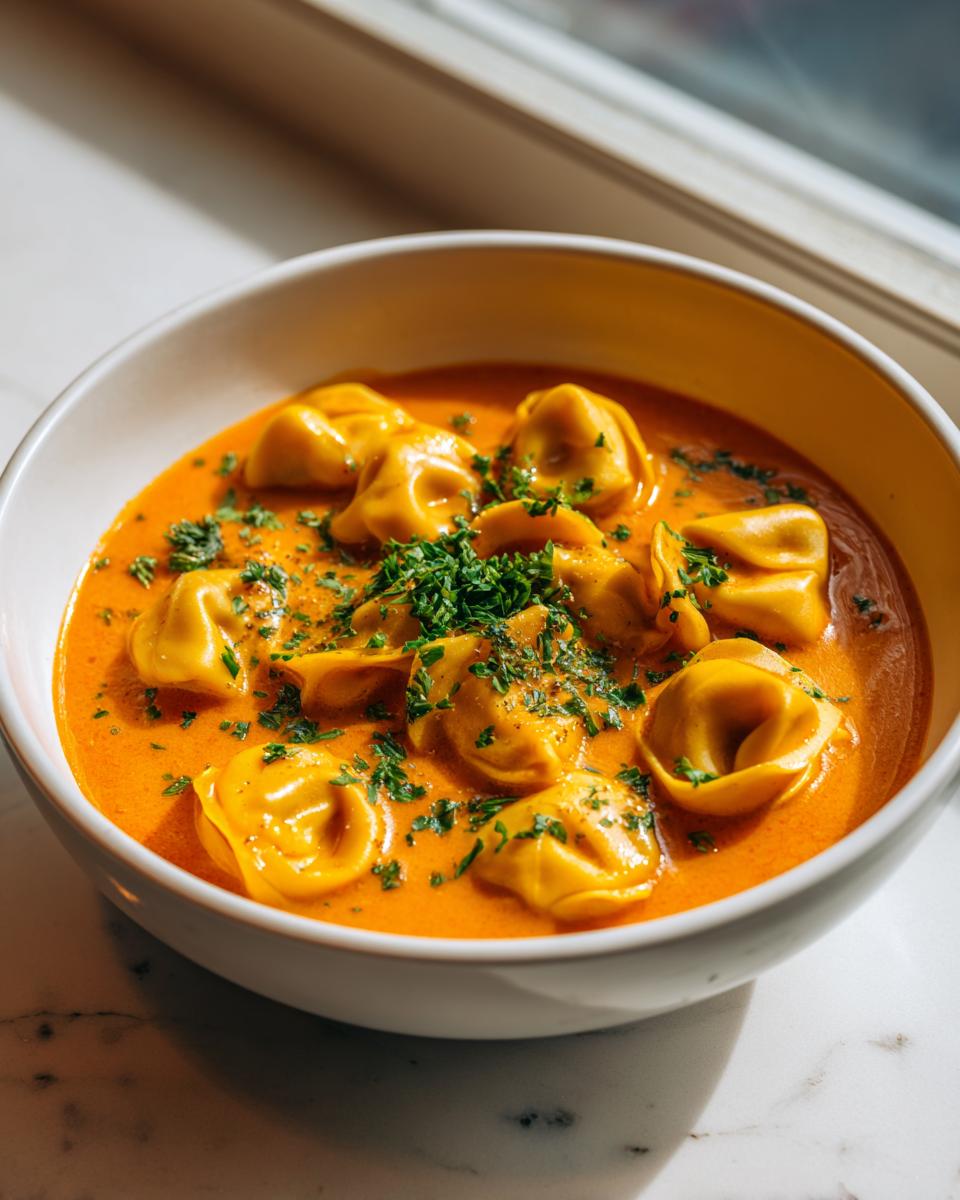 Close-up of Creamy Cajun Pumpkin Tortellini Soup with tortellini pasta in a rich orange broth, garnished with fresh parsley.