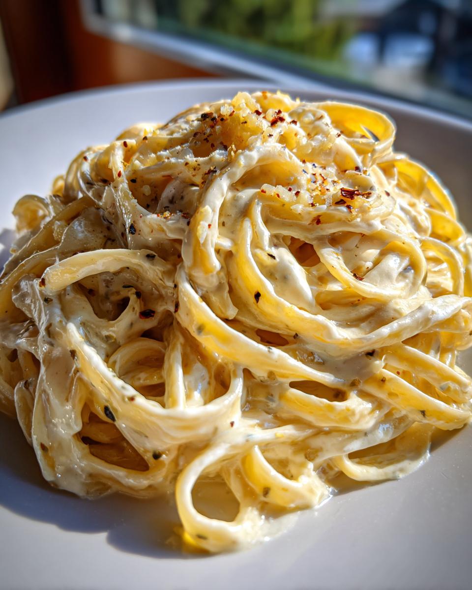A close-up shot of fettuccine coated in rich, creamy garlic alfredo pasta sauce, topped with minced garlic and red pepper flakes.