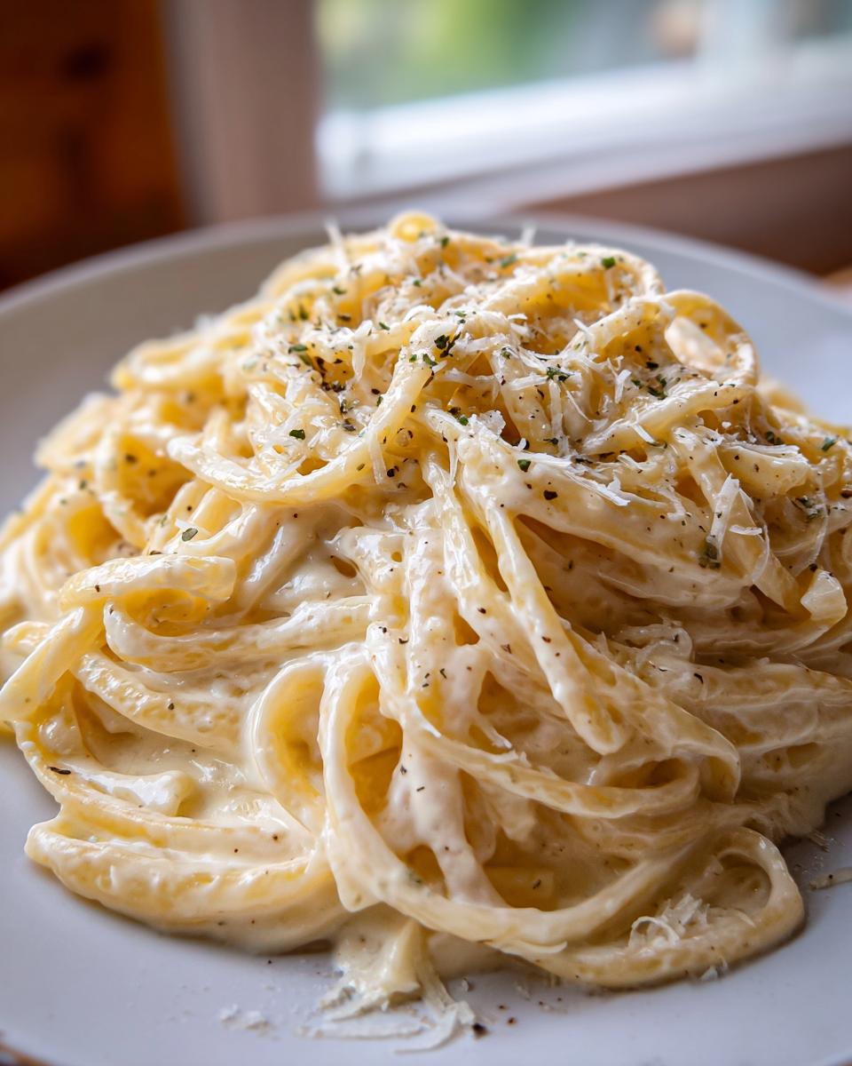 Close-up of a plate piled high with rich Creamy Garlic Alfredo Pasta, topped with grated Parmesan and herbs.