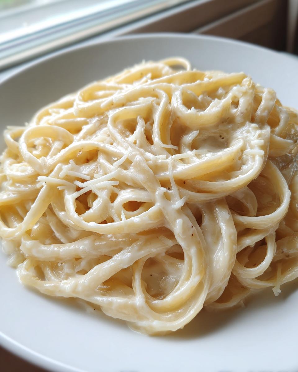 A close-up shot of fettuccine coated in rich, creamy garlic alfredo pasta sauce, topped with grated Parmesan cheese.