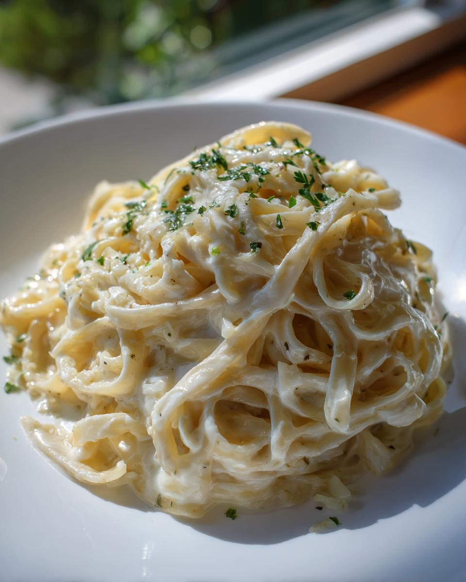 A close-up shot of fettuccine coated in rich, creamy garlic Alfredo pasta sauce and topped with fresh parsley.