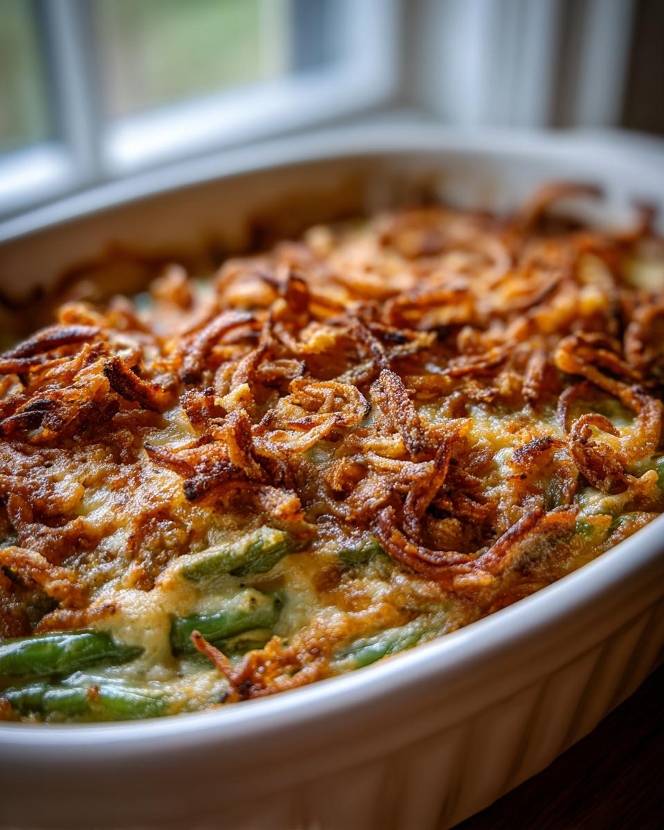 Close-up of a baked Creamy Green Bean Casserole topped with golden, crispy fried onions in a white baking dish.