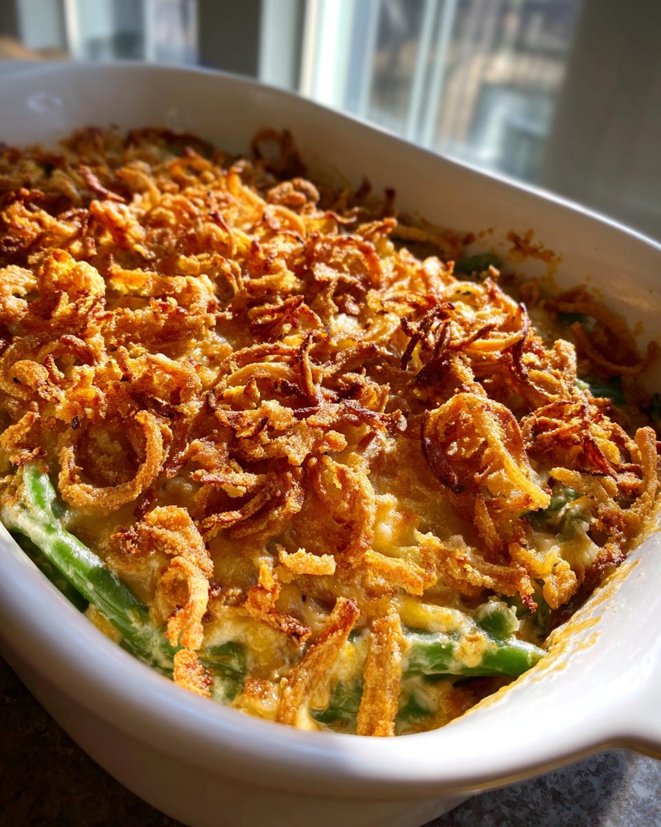Close-up of a freshly baked Creamy Green Bean Casserole topped with golden, crispy fried onions in a white baking dish.