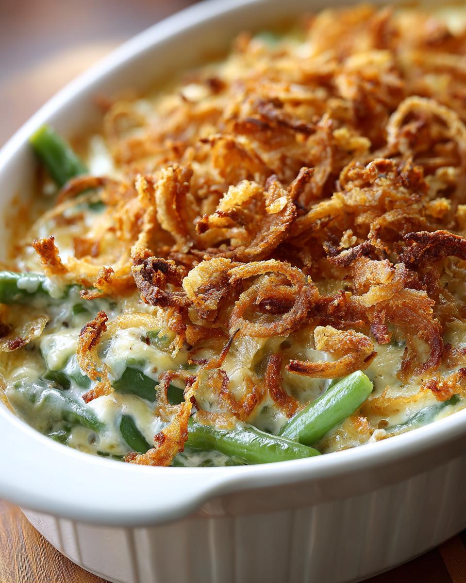 Close-up of a baked Creamy Green Bean Casserole topped generously with crispy fried onions in a white baking dish.
