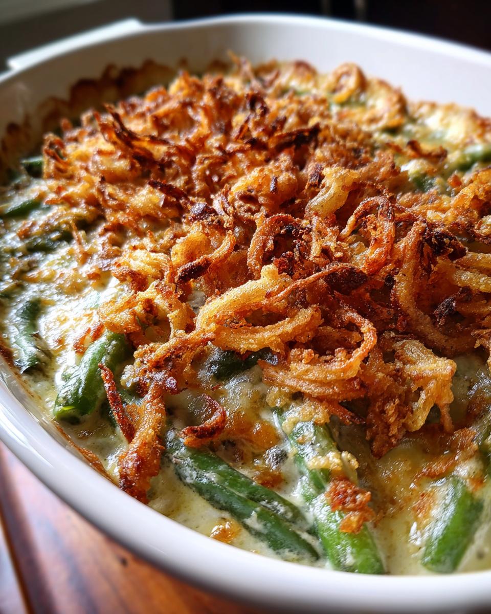 A close-up view of baked Creamy Green Bean Casserole topped generously with crispy fried onions.