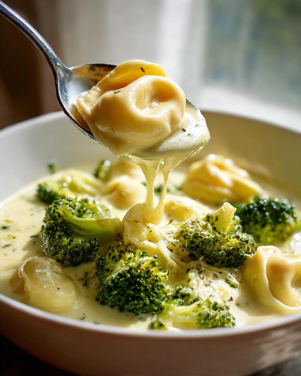 A spoonful of cheesy tortellini dripping with sauce being lifted from a bowl of Creamy Lemon Broccoli Tortellini Soup.