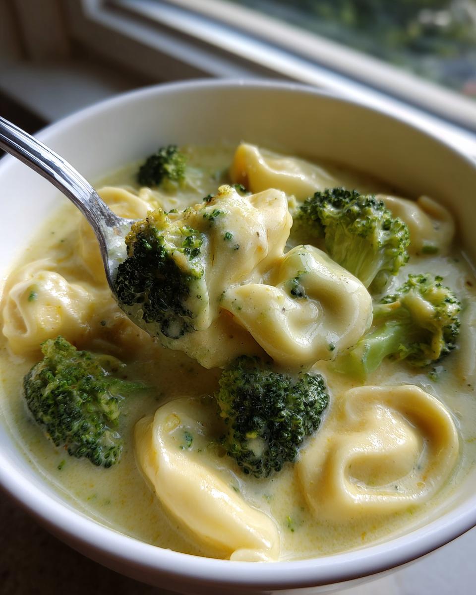 A spoonful lifting tortellini and broccoli from a bowl of Creamy Lemon Broccoli Tortellini Soup.