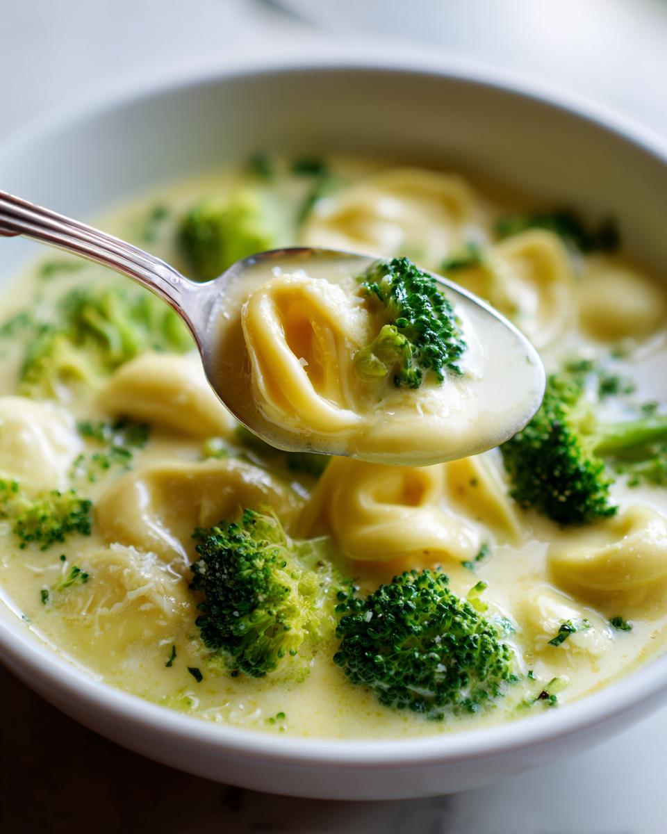A spoonful lifting creamy lemon broccoli tortellini soup, showing pasta and bright green broccoli florets.
