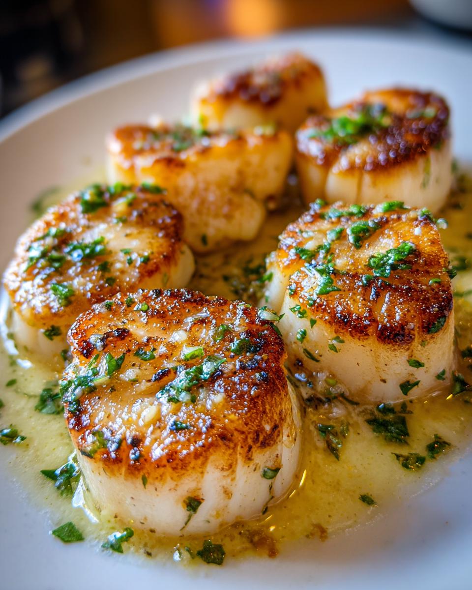 Close-up of seared Creamy Lemon Butter Scallops swimming in a rich lemon butter sauce and topped with fresh parsley.