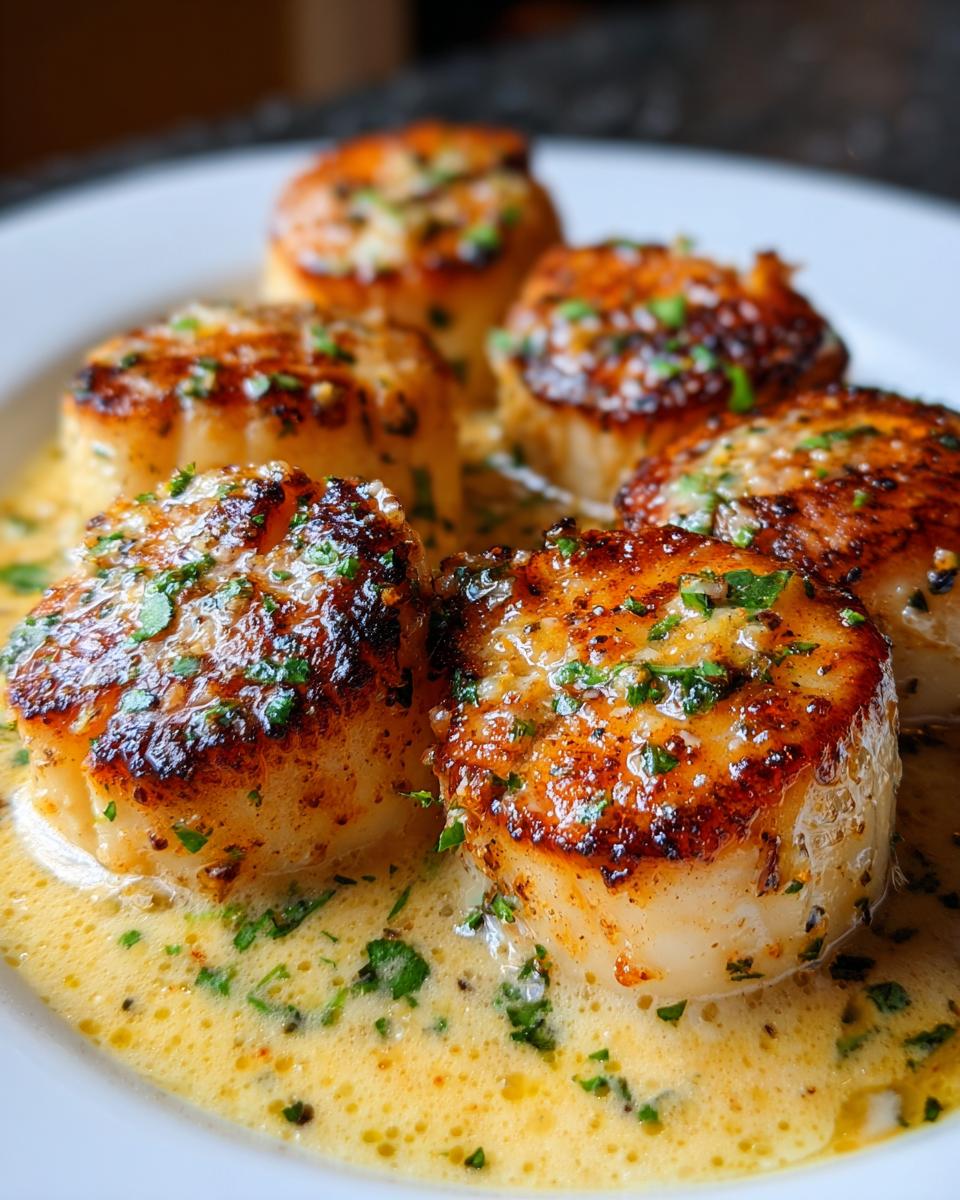 Five perfectly seared Creamy Lemon Butter Scallops served in a rich, yellow sauce and topped with fresh parsley.
