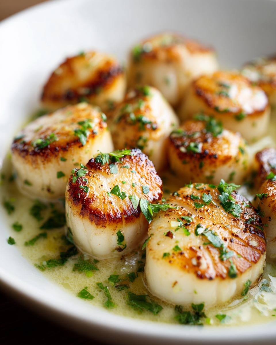 Close-up of seared Creamy Lemon Butter Scallops swimming in a light sauce and garnished with fresh parsley.