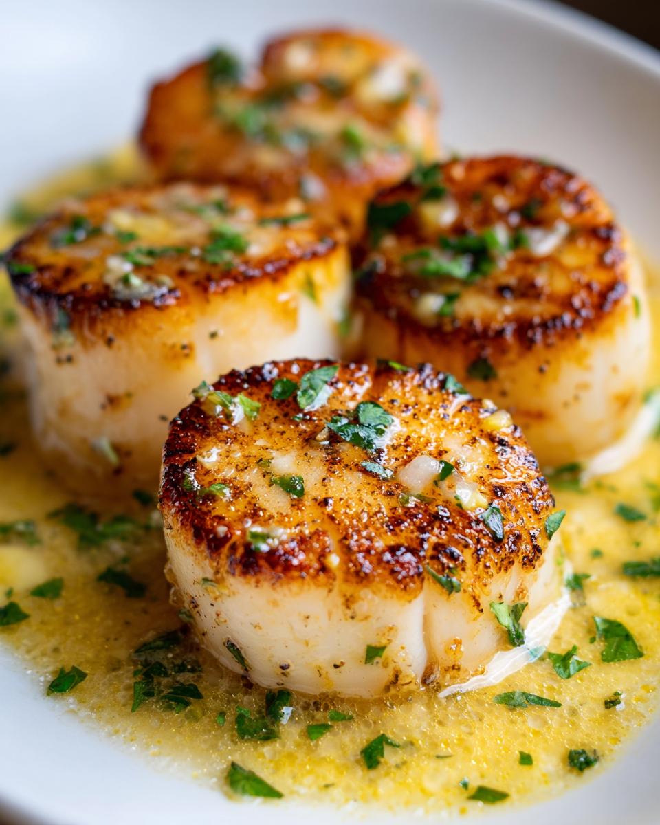 Close-up of seared Creamy Lemon Butter Scallops swimming in a rich, yellow sauce topped with fresh parsley.