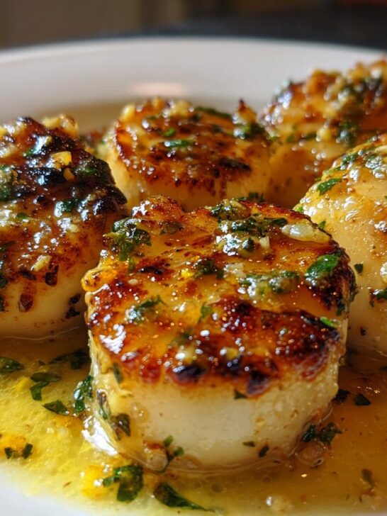 Close-up of five seared scallops swimming in a rich sauce of Creamy Lemon Butter Scallops, garnished with parsley.