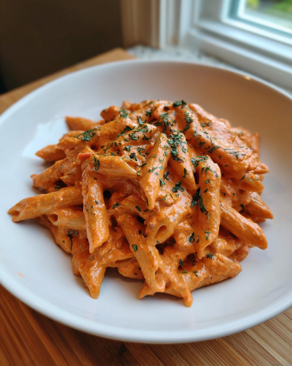 A white bowl filled with penne pasta coated in creamy orange How To Make Vodka Sauce and topped with fresh parsley.