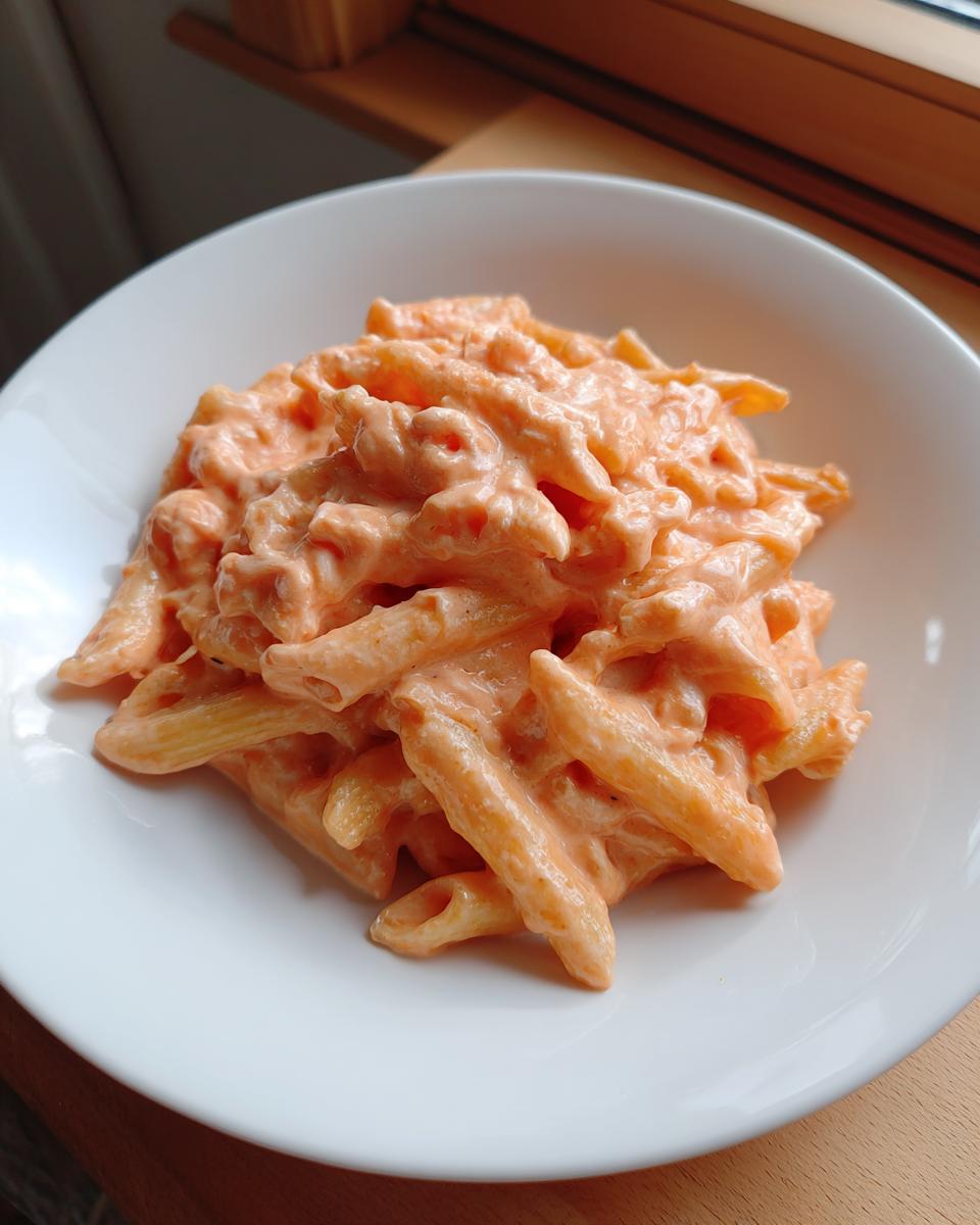 Close-up of penne pasta generously coated in creamy orange Vodka Sauce, served in a white bowl.