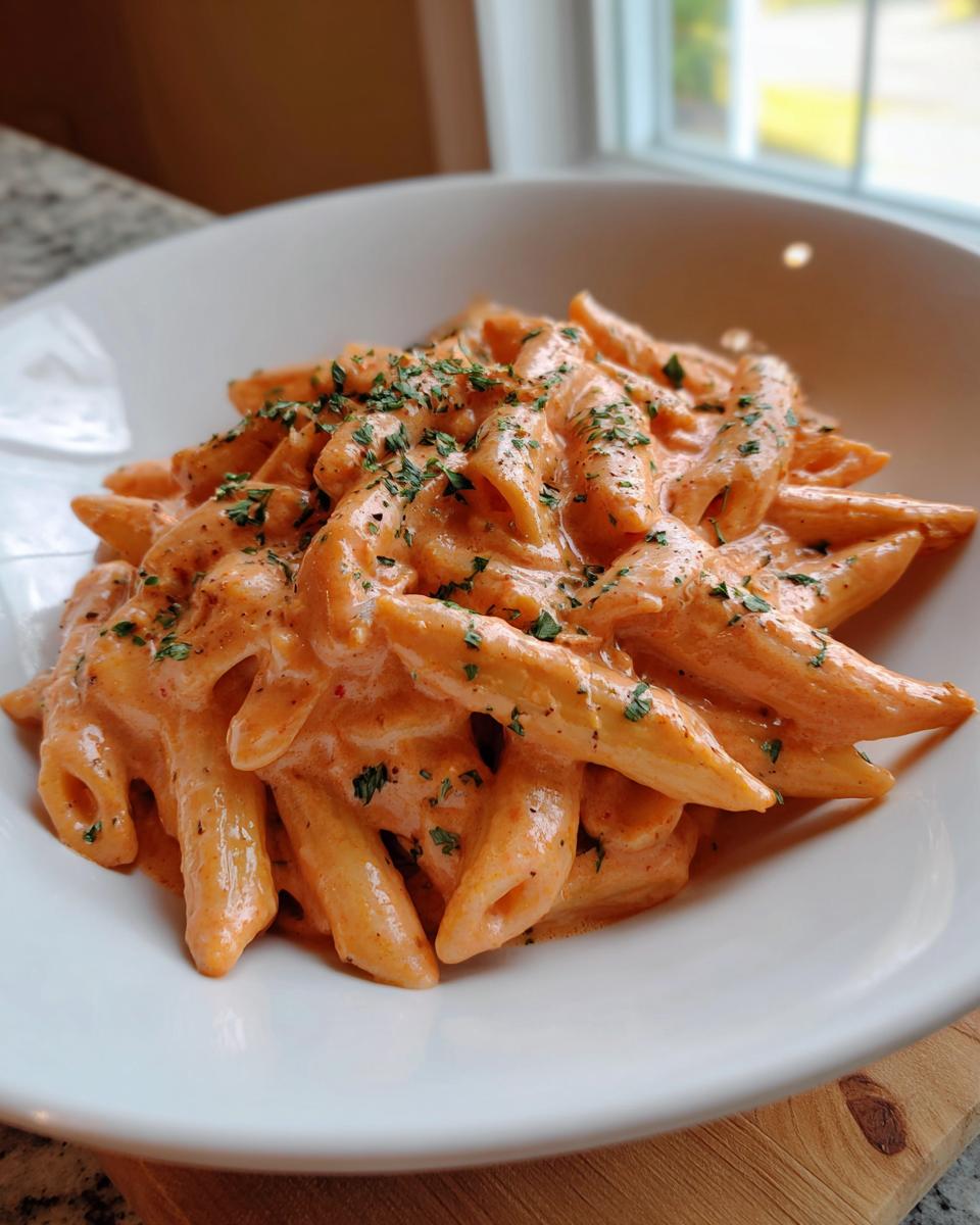 Close-up of penne pasta coated in creamy, orange-hued Vodka Sauce, garnished with fresh parsley.