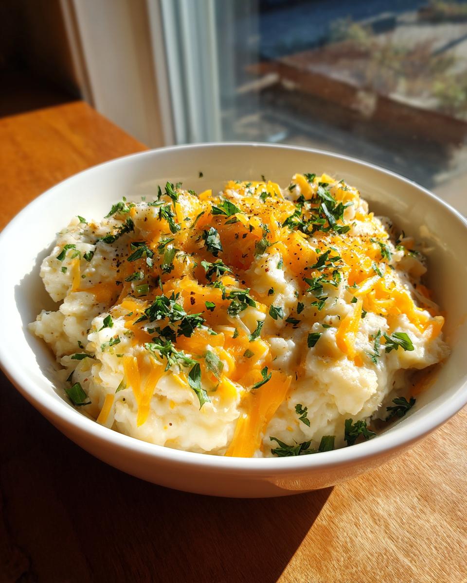A bowl of creamy mashed potatoes topped with melted cheddar cheese, fresh parsley, and pepper, resembling the Hearty Cheddar Garlic Herb Potato Soup.