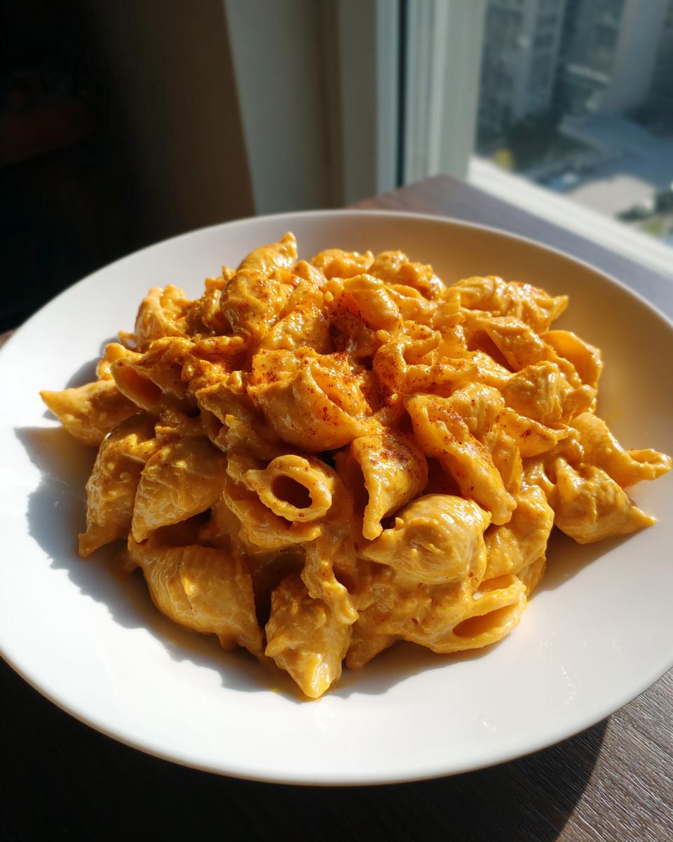 A white bowl filled with shell pasta coated in bright orange Creamy Roasted Butternut Squash Pasta sauce, sprinkled with paprika.