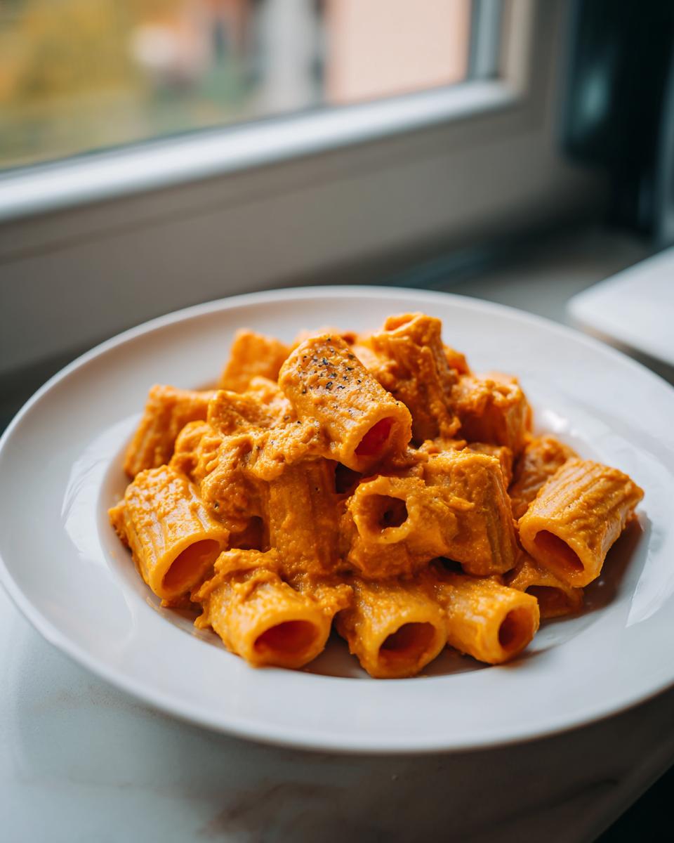 A white plate filled with rigatoni pasta coated in a thick, orange Creamy Roasted Butternut Squash Pasta sauce.
