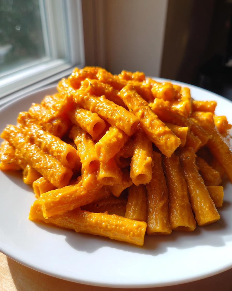 A plate piled high with rigatoni pasta coated in a thick, vibrant orange Creamy Roasted Butternut Squash Pasta sauce.
