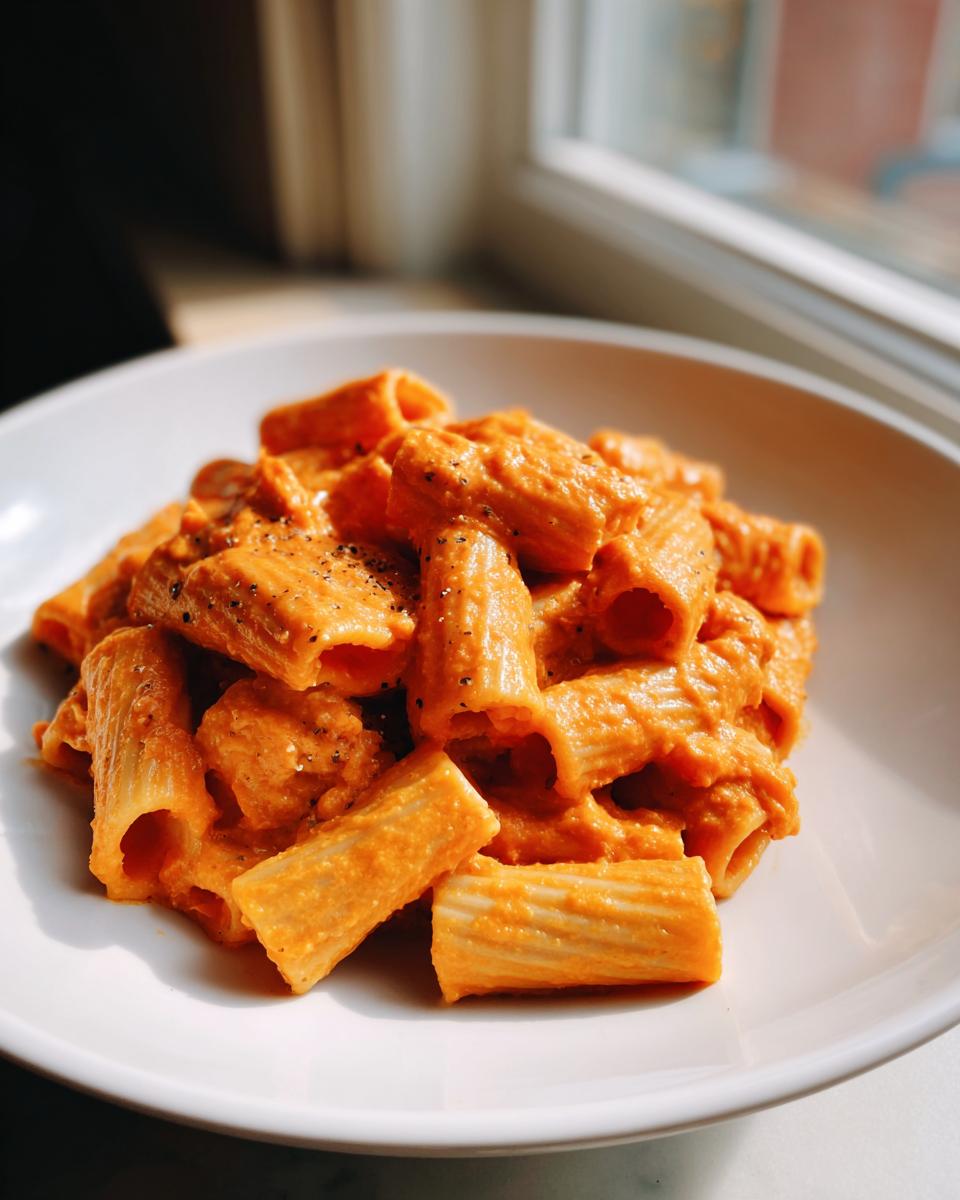 Close-up of rigatoni pasta coated in a rich, orange Creamy Roasted Butternut Squash Pasta sauce, sprinkled with black pepper.