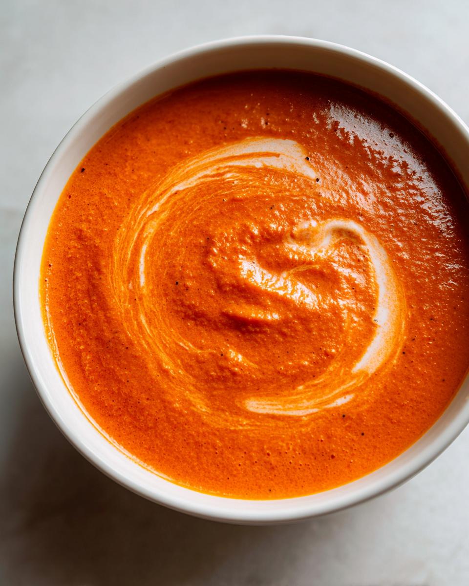 Close-up overhead shot of a bowl of rich, orange-red Creamy Roasted Garlic Tomato Soup with a swirl of cream.