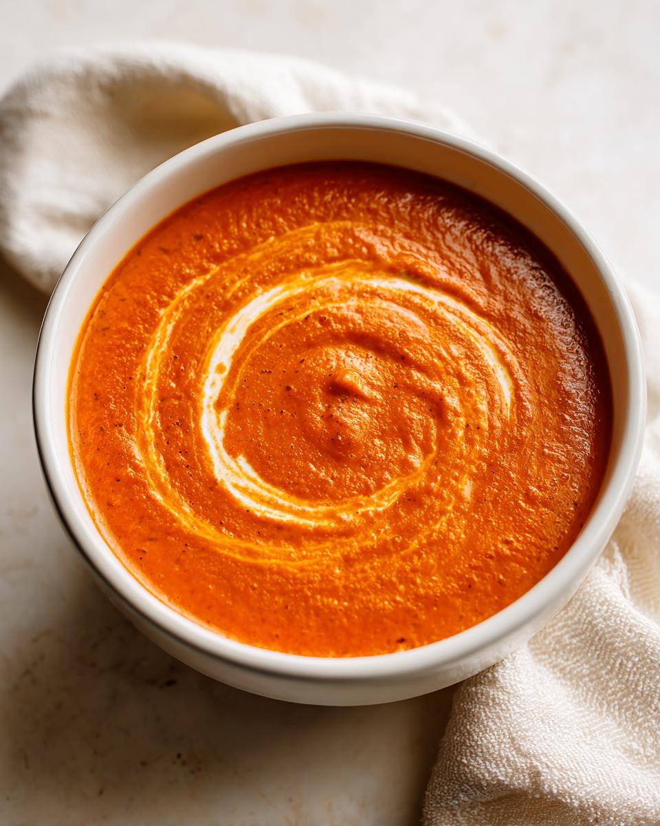 Overhead close-up of a bowl of bright orange Creamy Roasted Garlic Tomato Soup, garnished with a white cream swirl.