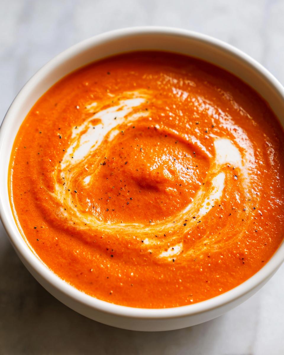 Close-up of a white bowl filled with vibrant orange Creamy Roasted Garlic Tomato Soup, swirled with cream and topped with black pepper.