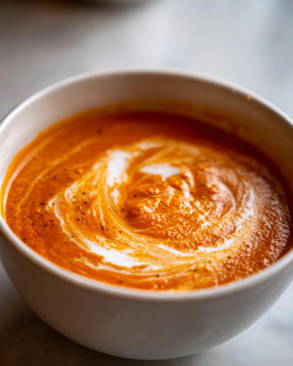 A close-up of a white bowl filled with vibrant orange Creamy Roasted Garlic Tomato Soup, swirled with cream and sprinkled with pepper.