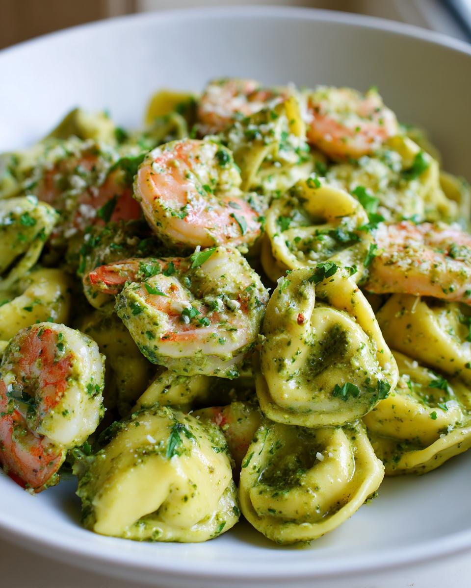 A close-up view of tortellini pasta tossed in vibrant green pesto sauce with pink shrimp, making up the Creamy Shrimp Pesto Tortellini Pasta.
