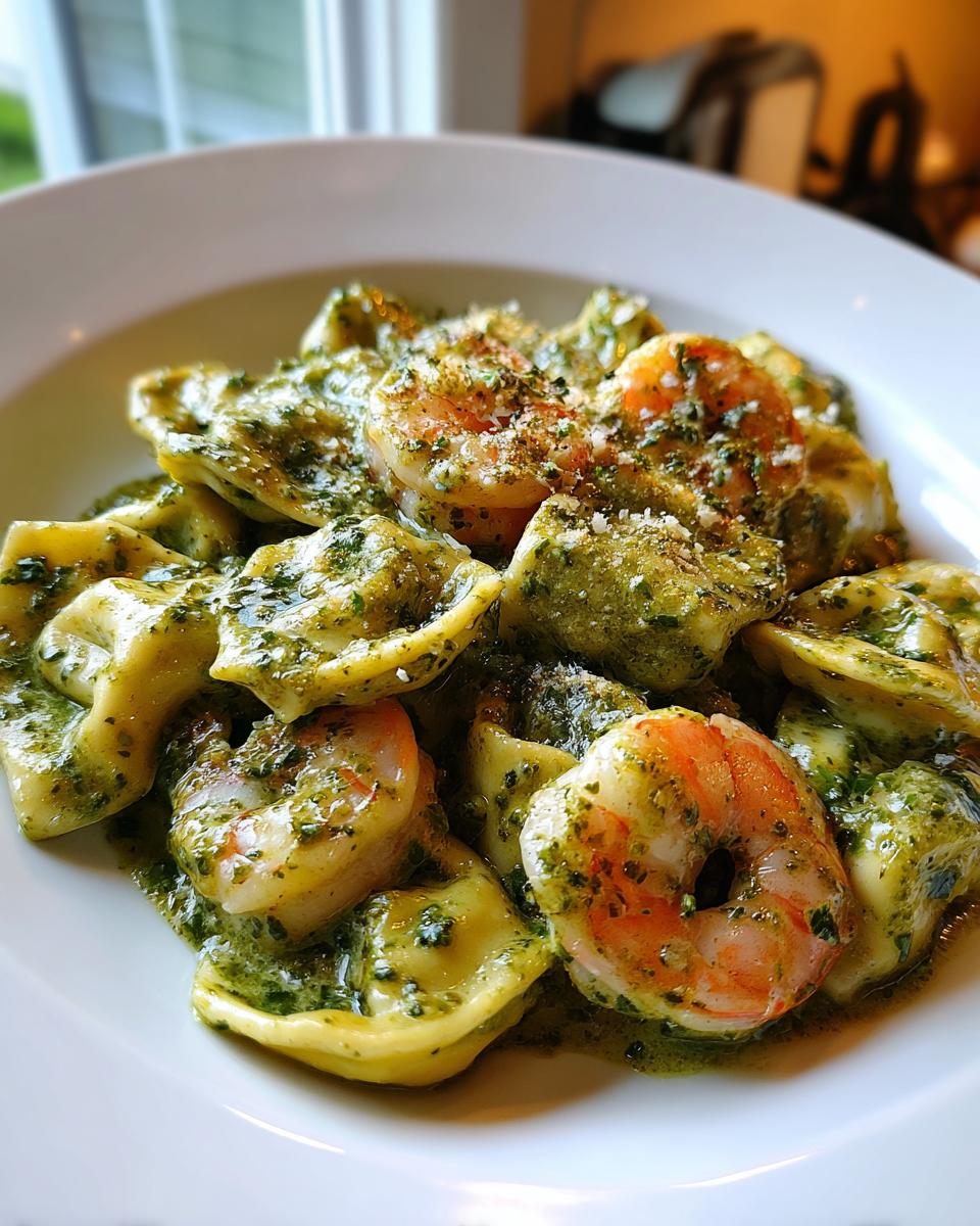 Close-up of Creamy Shrimp Pesto Tortellini Pasta topped with grated cheese.