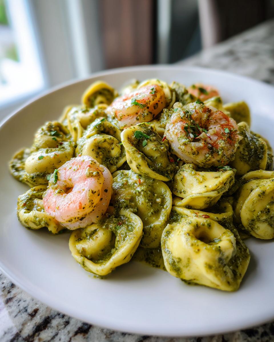 Close-up of a white plate piled high with Creamy Shrimp Pesto Tortellini Pasta, featuring pink shrimp and green pesto sauce.
