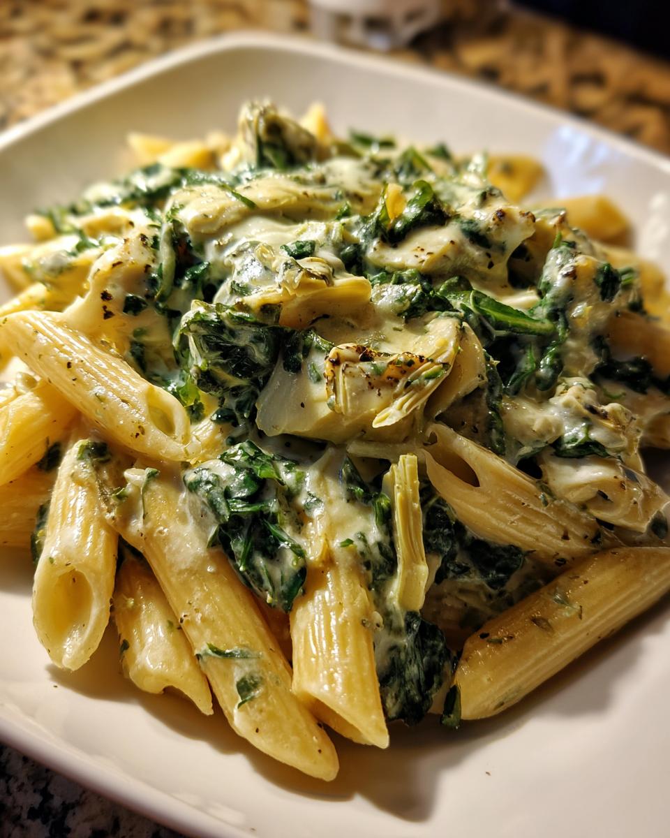 Close-up of a white bowl filled with Creamy Spinach Artichoke Penne Pasta, featuring penne noodles coated in a rich white sauce with spinach and artichoke hearts.