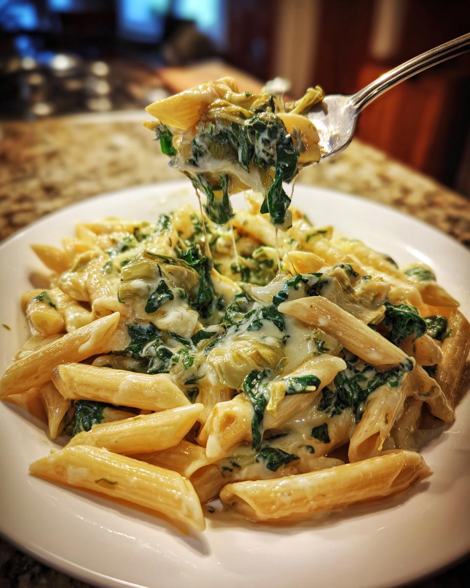 A fork lifting a bite of cheesy Creamy Spinach Artichoke Penne Pasta, showing the creamy sauce and melted cheese.