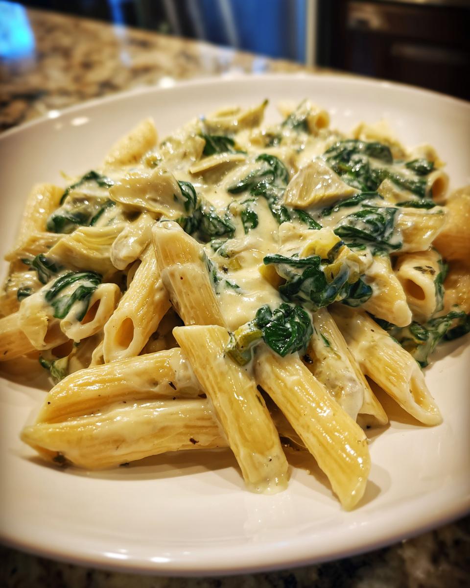 A close-up of a white bowl filled with Creamy Spinach Artichoke Penne Pasta coated in a rich white sauce.