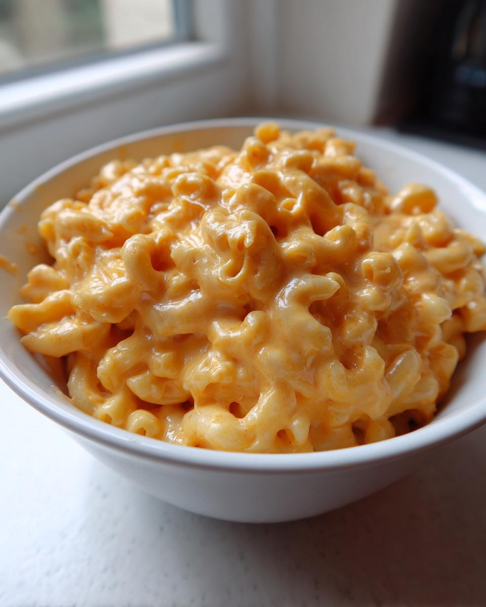 Close-up of a white bowl filled with rich, orange, Creamy Stovetop Southern Mac Cheese.