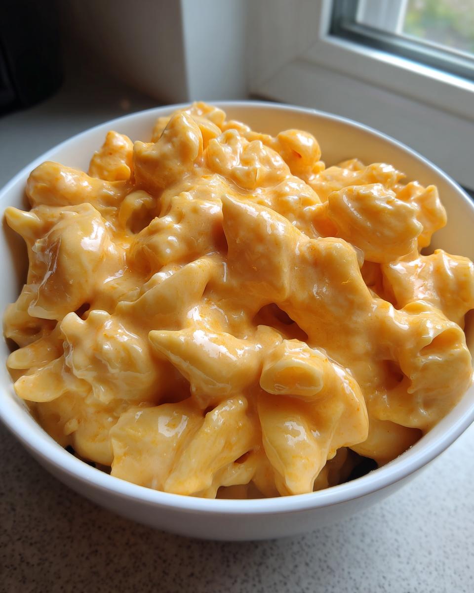 Close-up of a white bowl filled with extremely creamy Stovetop Southern Mac Cheese, showing rich orange sauce coating the elbow macaroni.
