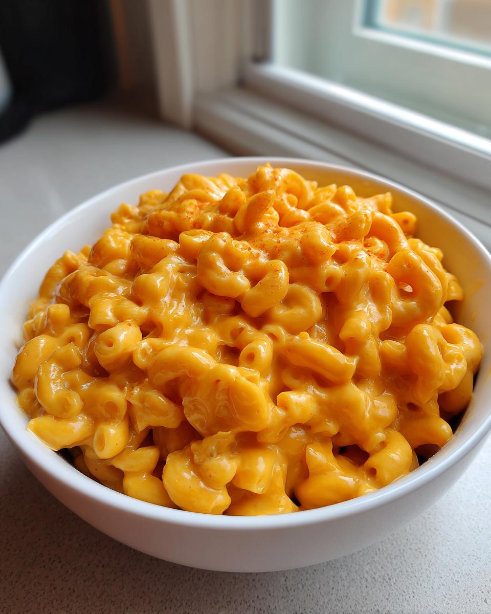 A white bowl filled with rich, orange, creamy stovetop Southern Mac Cheese, lightly dusted with paprika.