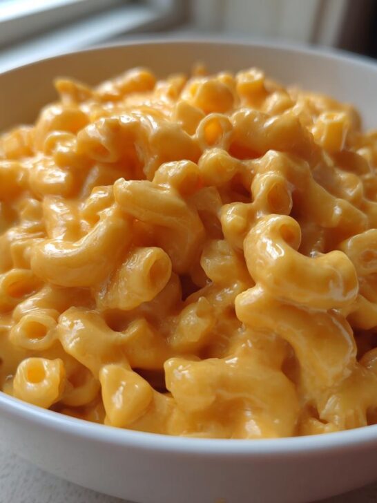 A close-up of a white bowl filled with rich, creamy stovetop Southern mac cheese and elbow macaroni.