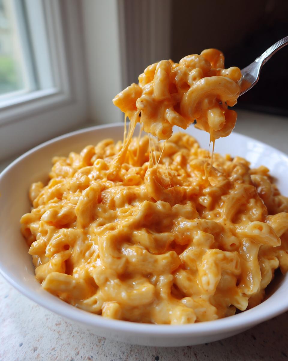 A fork lifting a bite of rich, orange Creamy Stovetop Southern Mac Cheese showing long cheese pulls.