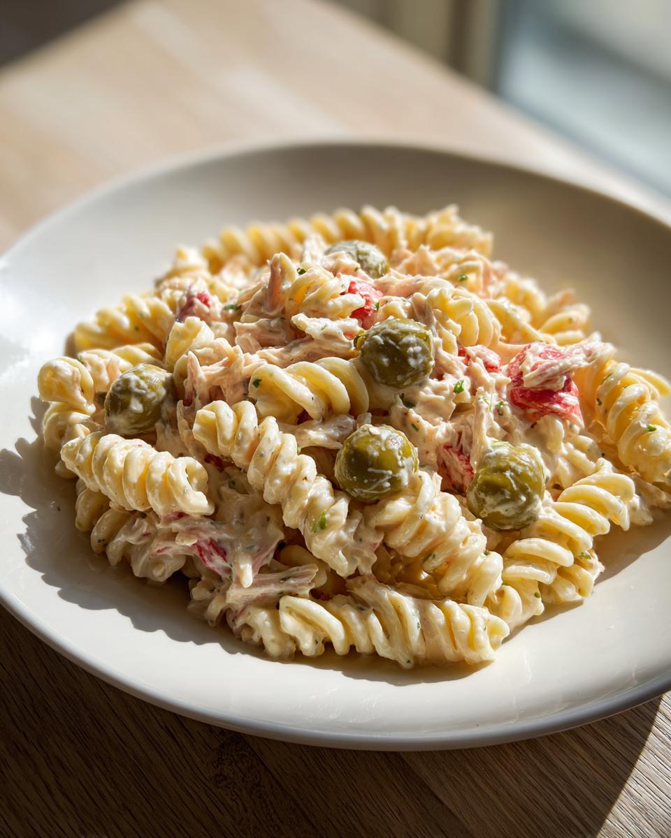 A close-up of creamy Tuna Pasta Salad With Pimiento Stuffed Olives mixed with rotini pasta, served on a white plate.