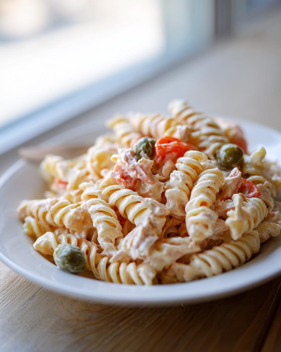 A close-up of creamy Tuna Pasta Salad With Pimiento Stuffed Olives featuring fusilli pasta, tuna, and green olives in a white bowl.