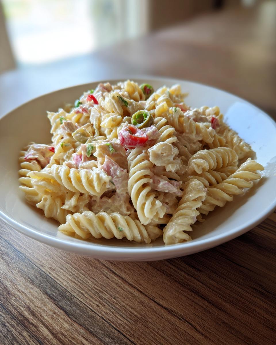 Close-up of creamy Tuna Pasta Salad With Pimiento Stuffed Olives featuring rotini pasta, red peppers, and green olives.