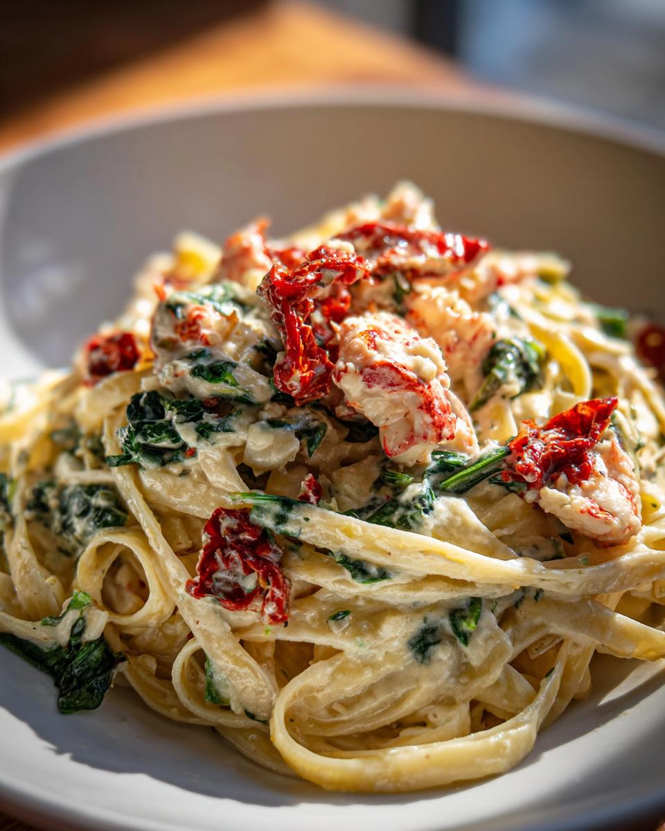 Close-up of a bowl of Creamy Tuscan Lobster Pasta featuring fettuccine, lobster chunks, spinach, and sun-dried tomatoes.