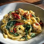 A close-up of rich Creamy Tuscan Lobster Pasta featuring fettuccine, spinach, sun-dried tomatoes, and chunks of lobster meat.