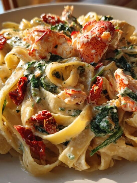 Close-up of rich Creamy Tuscan Lobster Pasta featuring fettuccine, chunks of lobster meat, spinach, and sun-dried tomatoes.