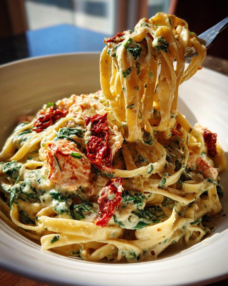 A fork lifting fettuccine noodles coated in a rich sauce from a bowl of Creamy Tuscan Lobster Pasta with spinach and sun-dried tomatoes.