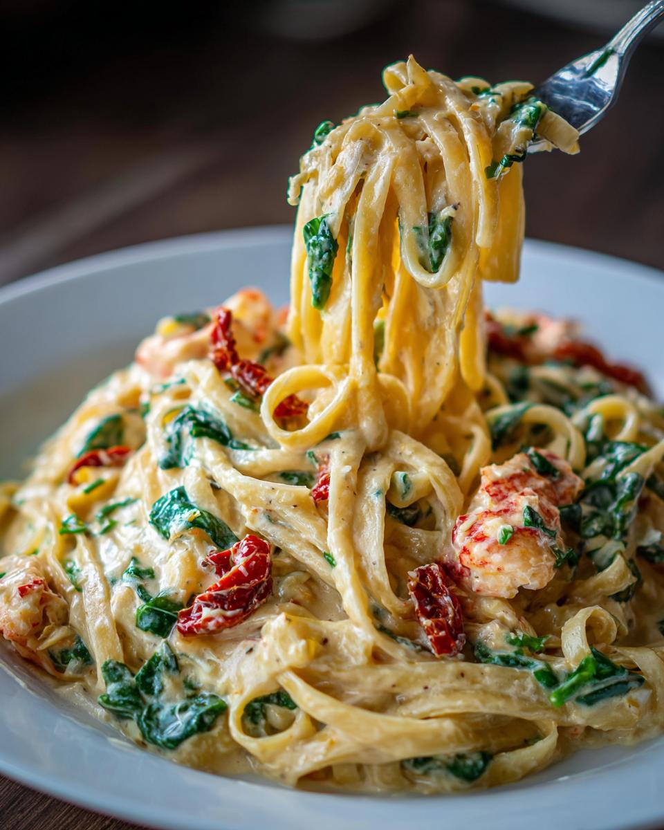 A fork lifting a generous portion of Creamy Tuscan Lobster Pasta, showing fettuccine coated in rich sauce with spinach and sun-dried tomatoes.