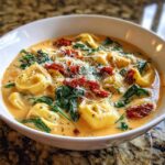 A close-up of a bowl of Creamy Tuscan Tortellini Soup with spinach, sun-dried tomatoes, and grated Parmesan.